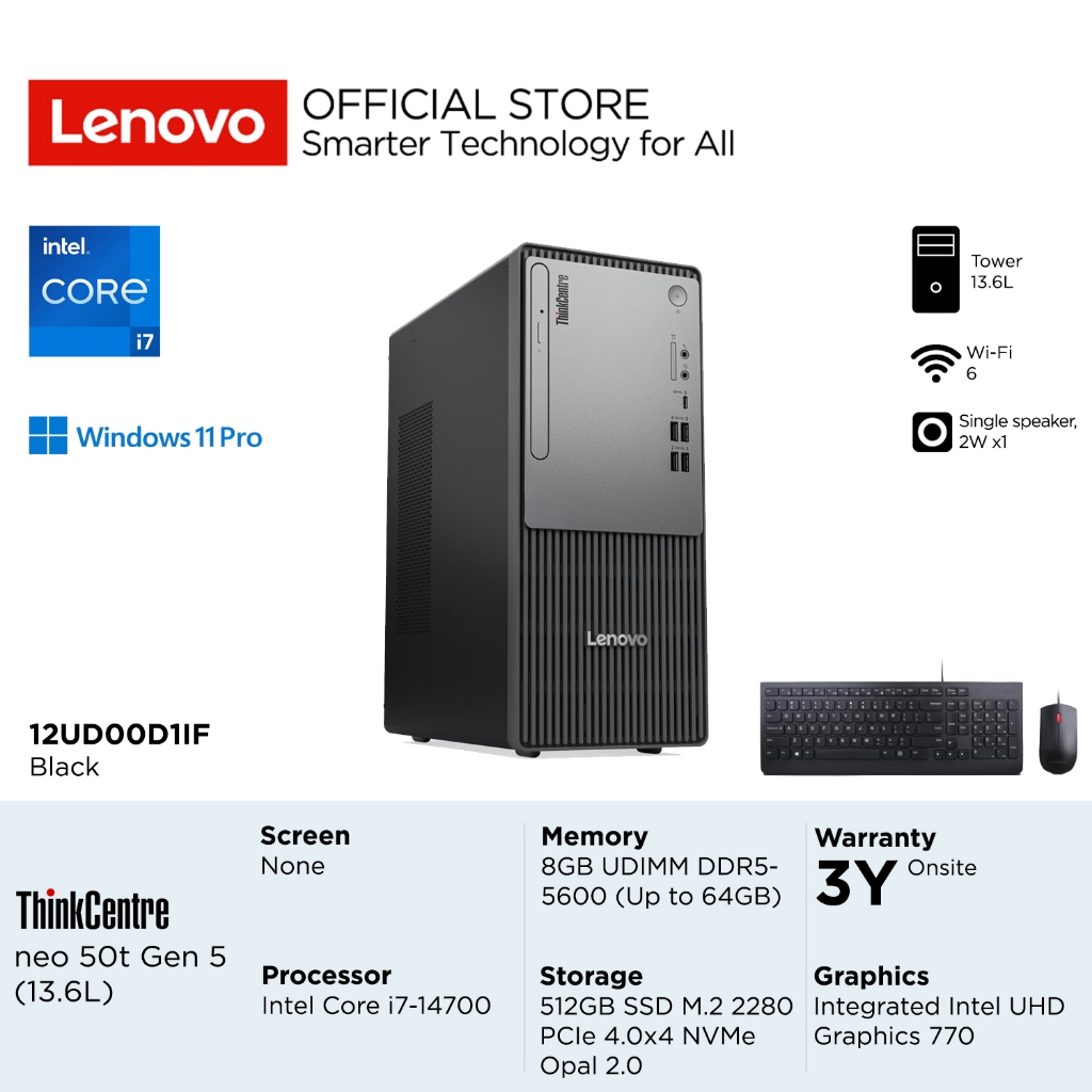 Lenovo PC ThinkCentre neo 50t Gen 5 D1IF Intel Core i7-14700, Integrated Intel UHD Graphics 770, RAM