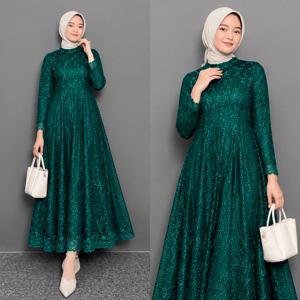 (READY JUMBO)Dress Najma Special Hijau Emerald Hitam Full Brokat Mewah Elegan | Gamis Lebaran Kondan