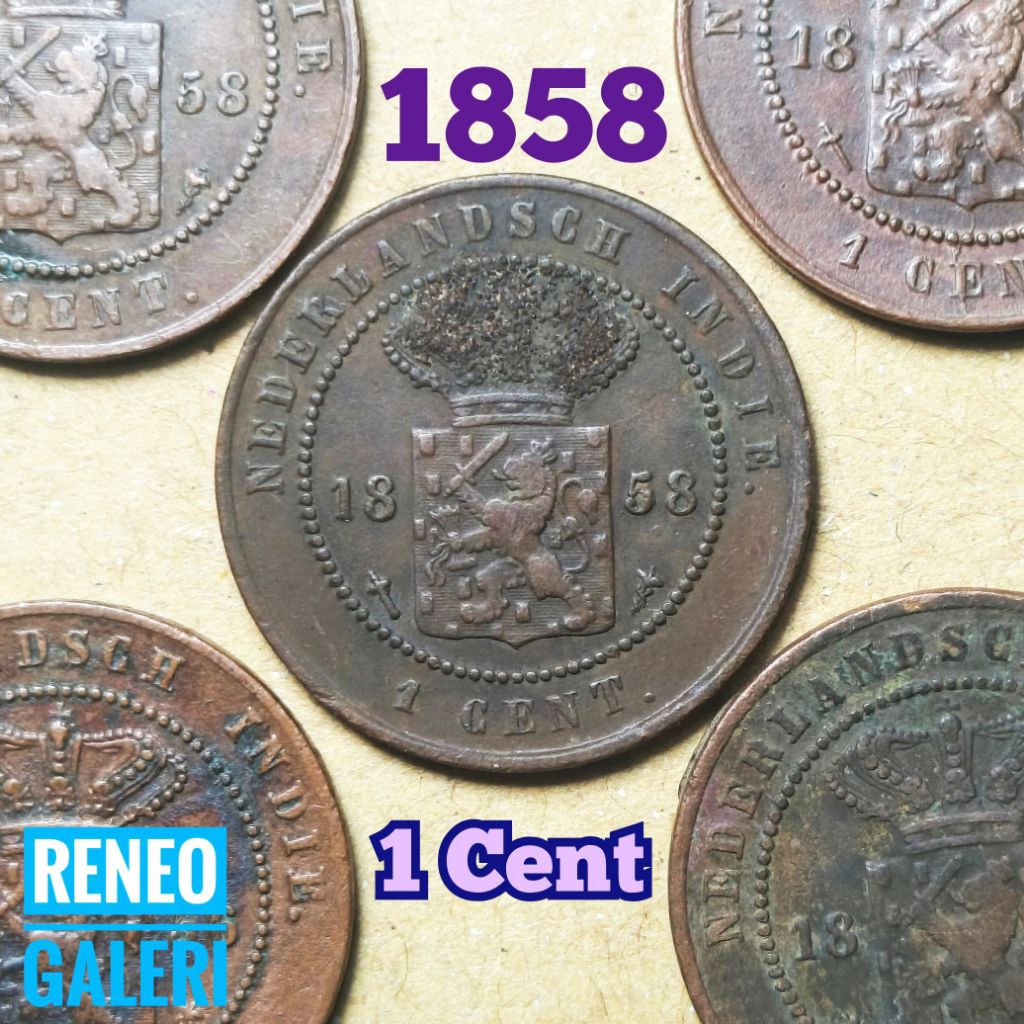 1 Cent 1858 Asli Nederlandsch indie tahun tua uang koin kuno duit logam lama jaman Hindia Belanda or