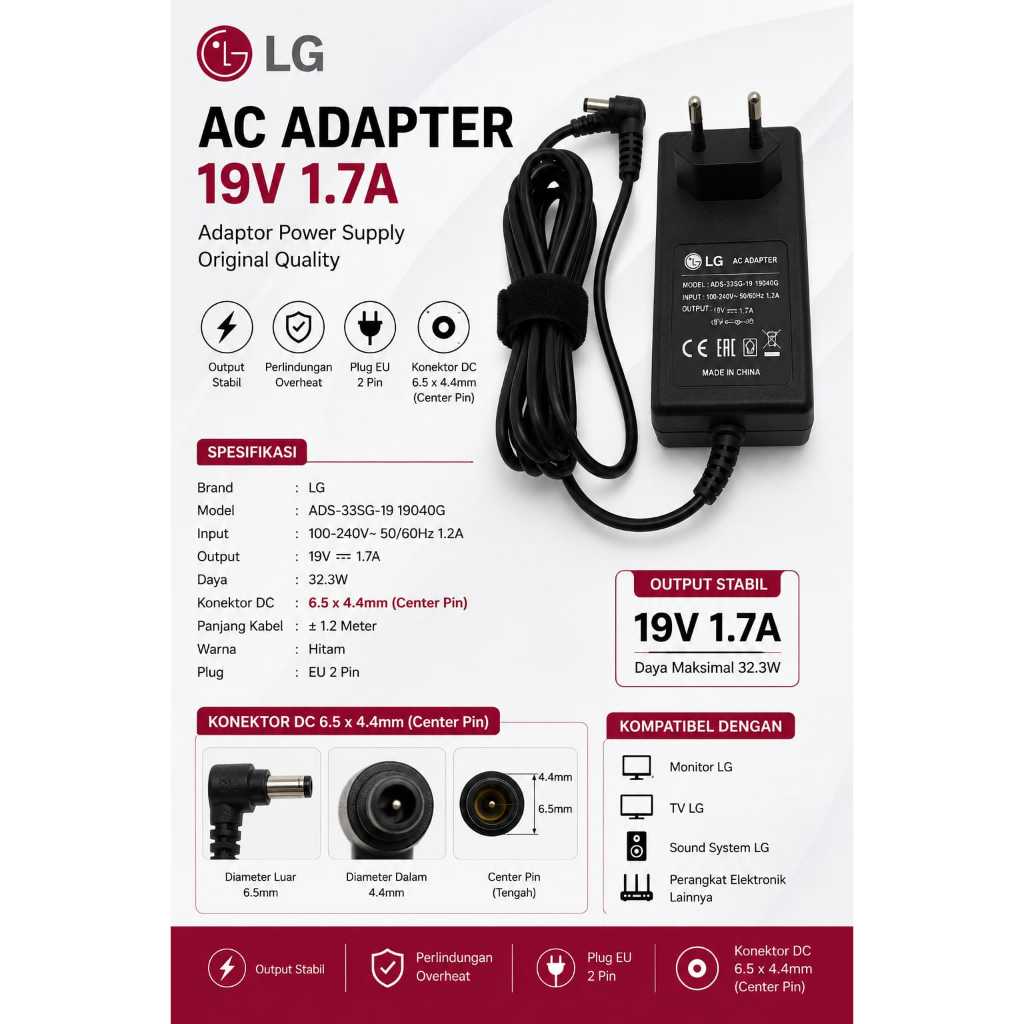 adaptor Monitor LG 19v 1.7a Cas TV LG Adaptor Ori