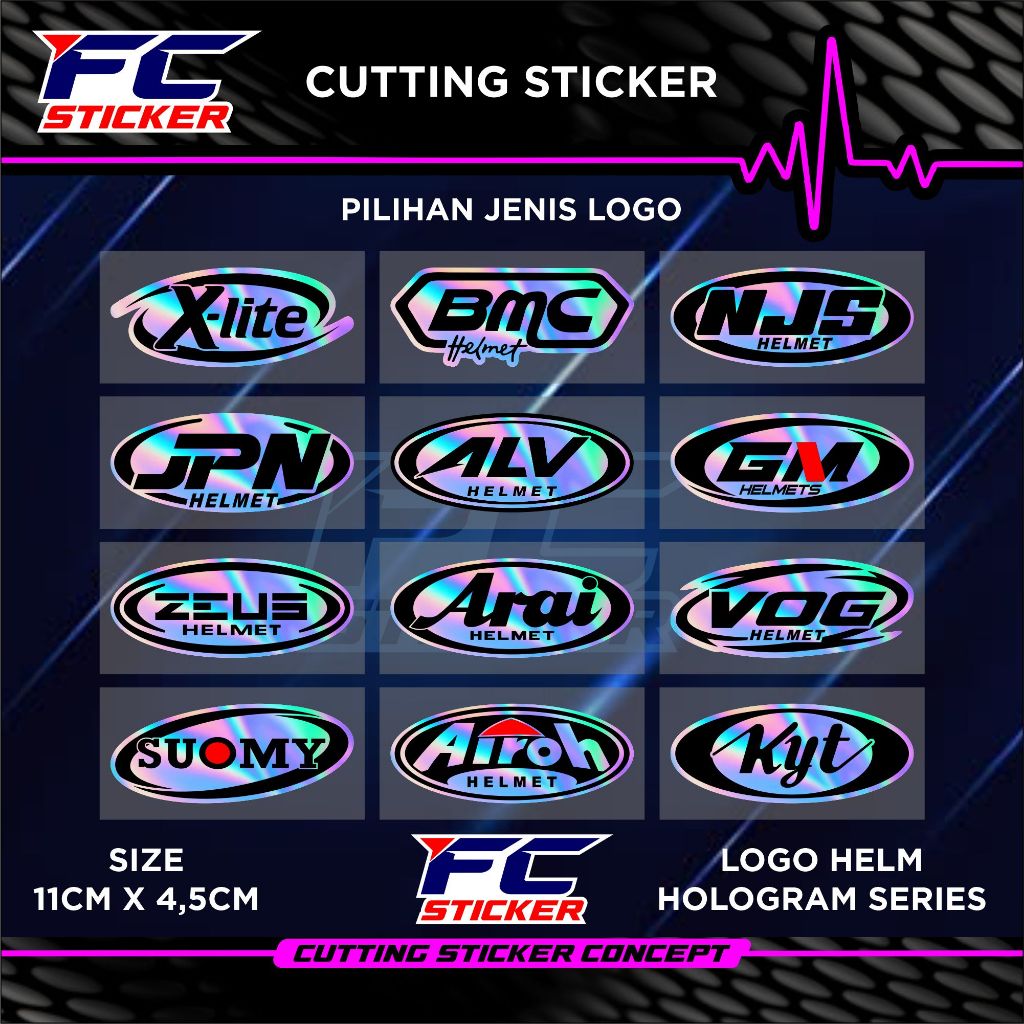 Cutting Sticker Logo helm HOLOGRAM /Emblem Merk VOG / BMC / NJS / X-LITE / JPN / ALV/ GM / ZEUS / AR