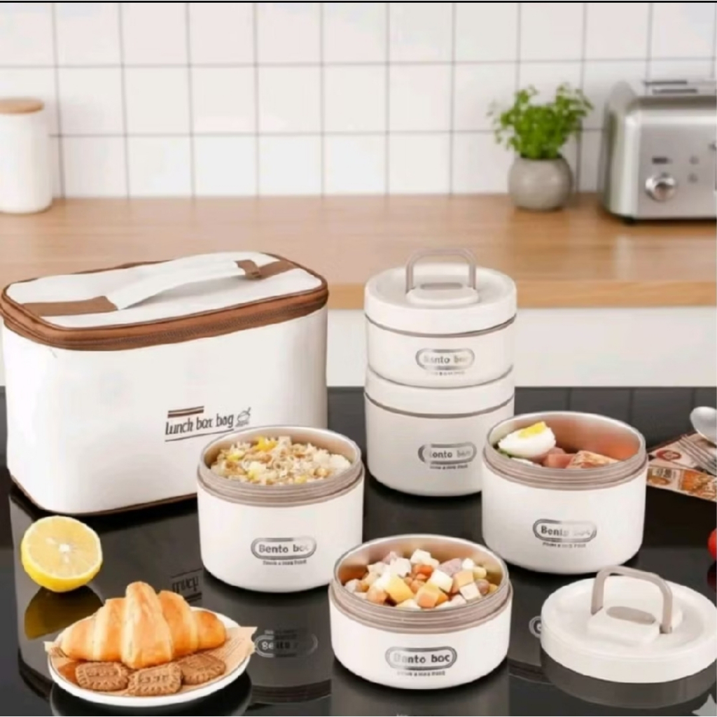 Lunch box stainless bulat tempat makan bekal kotak bekal makan + tas bekal