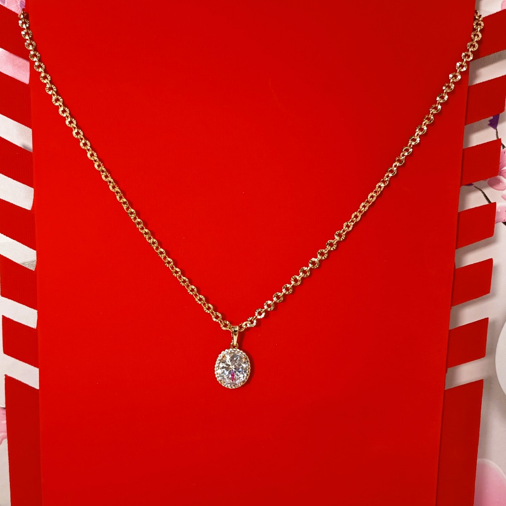 Kode JXO 29B24. Kalung Rantai Nuri Bulat Liontin Oval Permata Keliling Batu Zircon Putih Besar Lapis