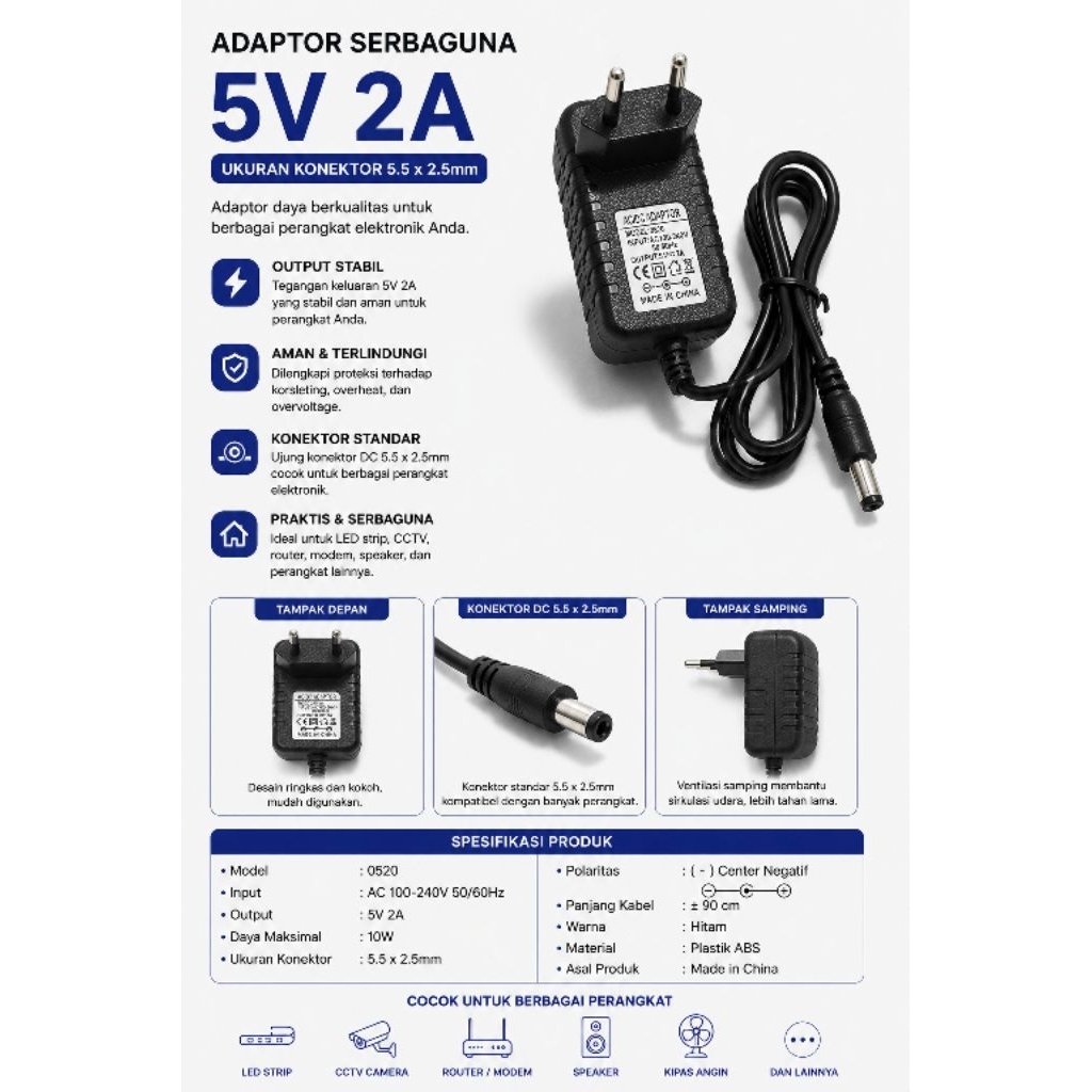Adaptor Serba Guna 5v 2a In ac 240v (5525) 5volt 2 amper 5 volt 2amper 5 V 2 A