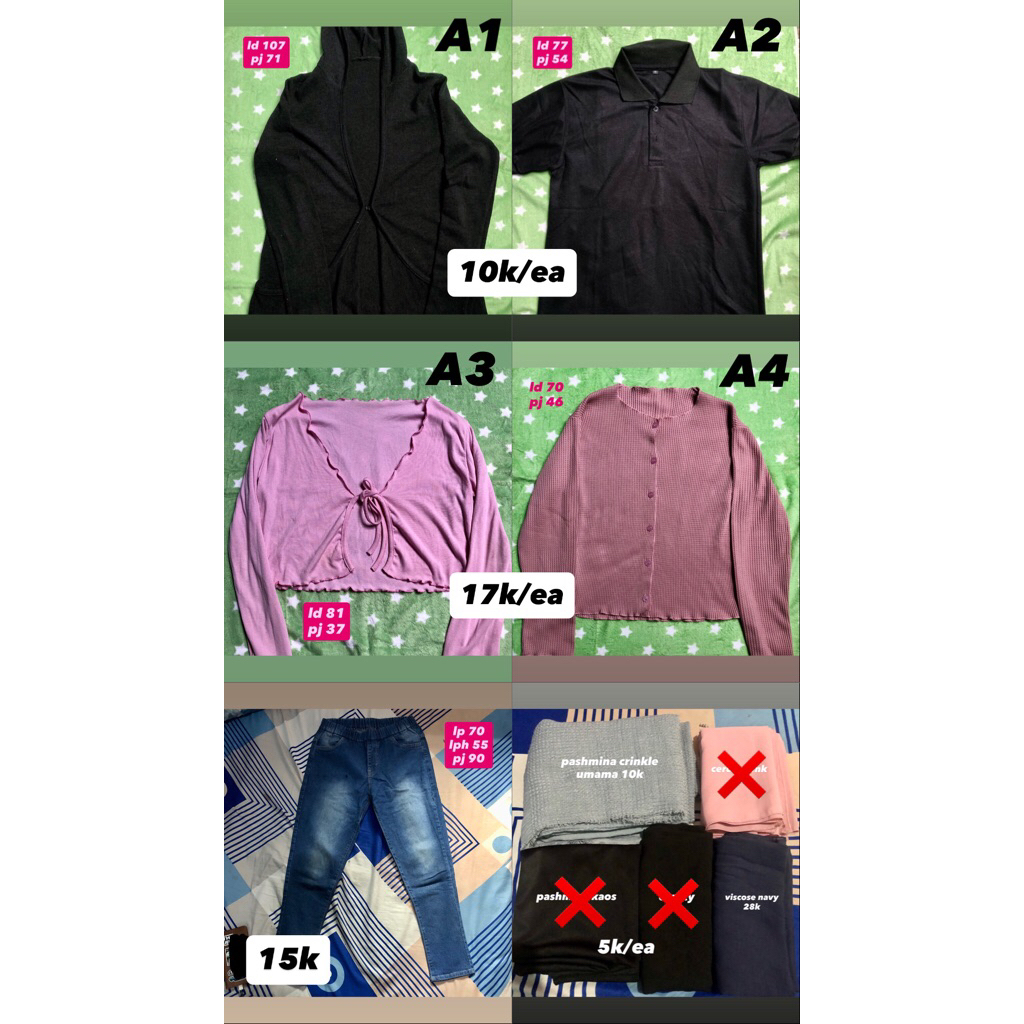 preloved pl wanita atasan, cardigan crop, kaos, celana jeans levis, rok, pashmina