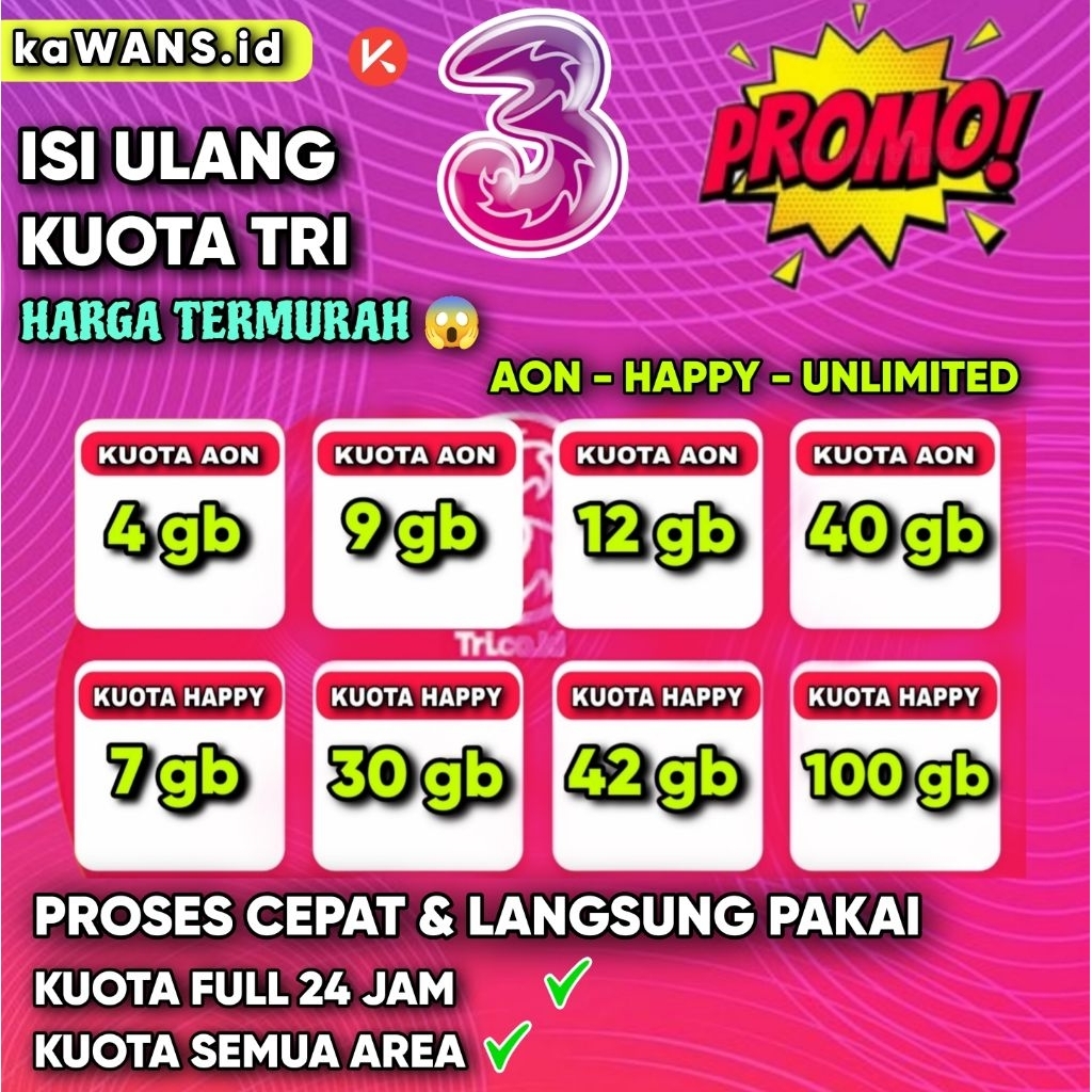 PAKET KUOTA INTERNET TRI 3 HAPPY ALWAYS ON MASA AKTIF UNLIMITED SUPER MURAH