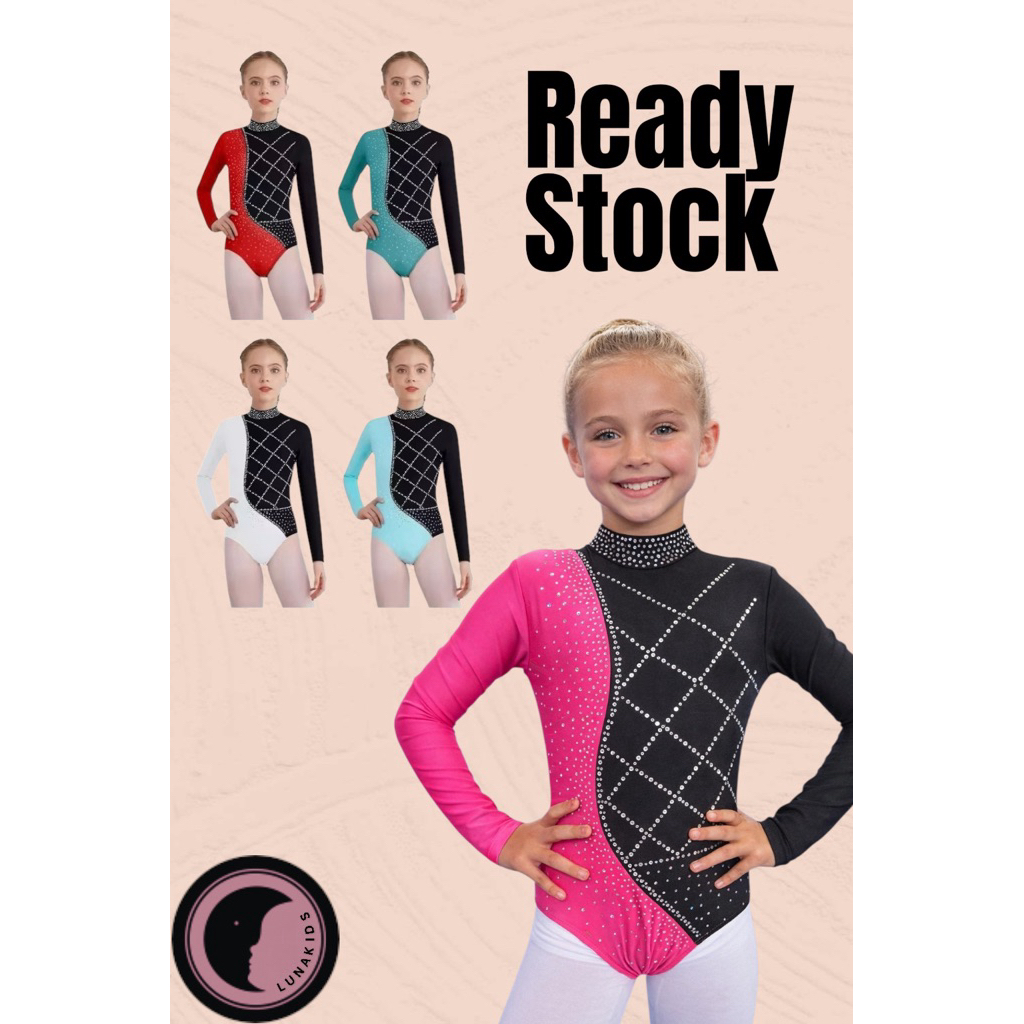 Leotard Gymnastic Anak Baju Gymnastic Leotard Set Pants usia 4-16 tahun