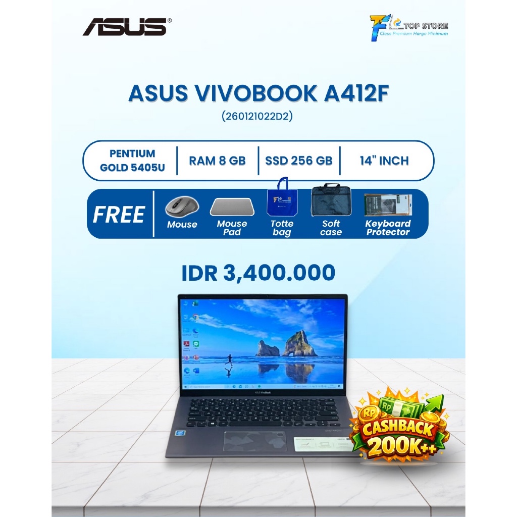 LAPTOP ASUS VIVOBOOK 14 A412FA INTEL PENTIUM GOLD 5405U | RAM 8GB SSD 256GB | BACKLIGHT | FINGER PRI
