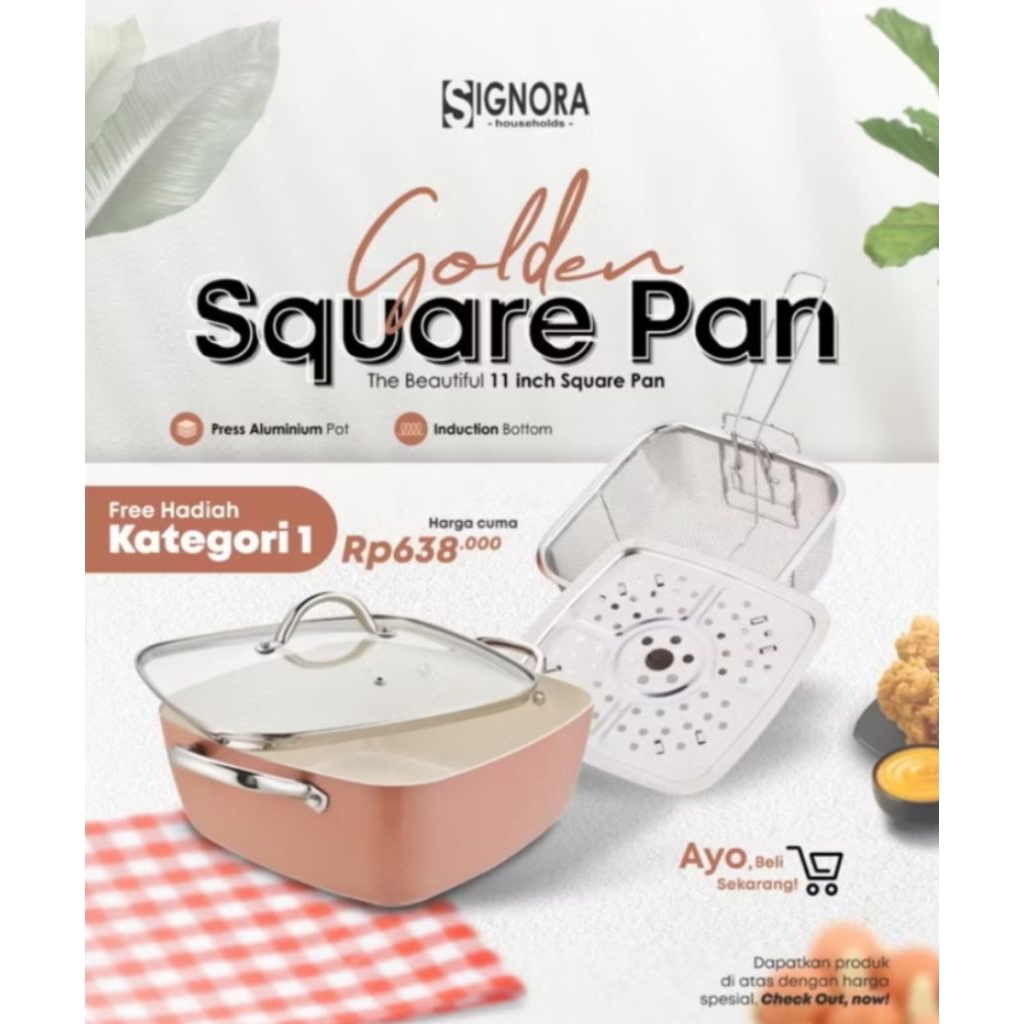 SIGNORA Golden Square Pan | Deep Fry / Kukus / Goreng / Panci Non Stick Technology Anti Lengket Mult
