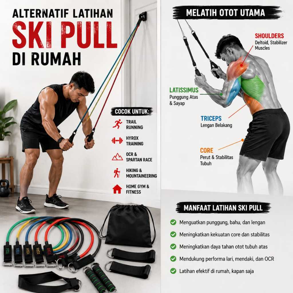 SkiErg Ski Pull Resistance Band Set 100 150 LBS Alternatif Latihan HYROX & Trail Running