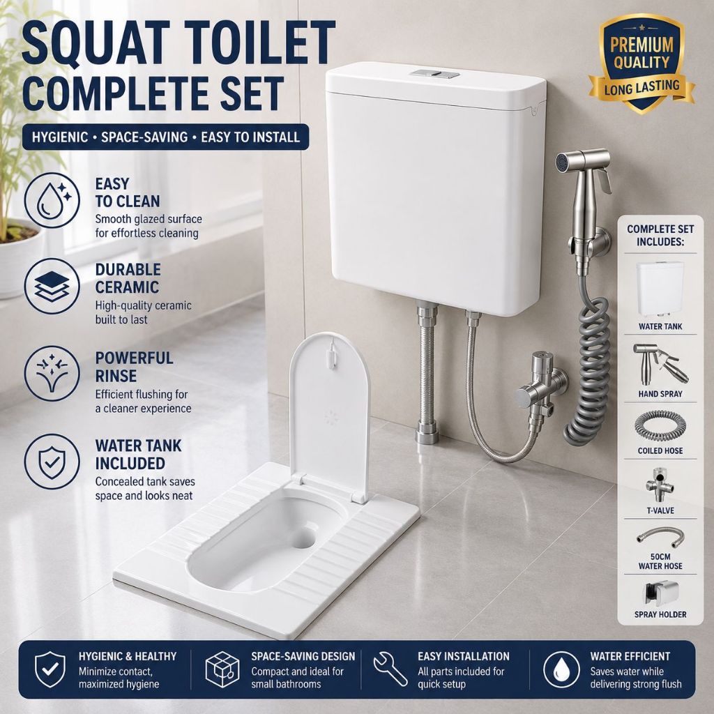 Mr. tao - Kloset Jongkok Fullset Watertank Flush Toilet WC Jongkok Keramik Putih Ukuran Baru Slim Mi