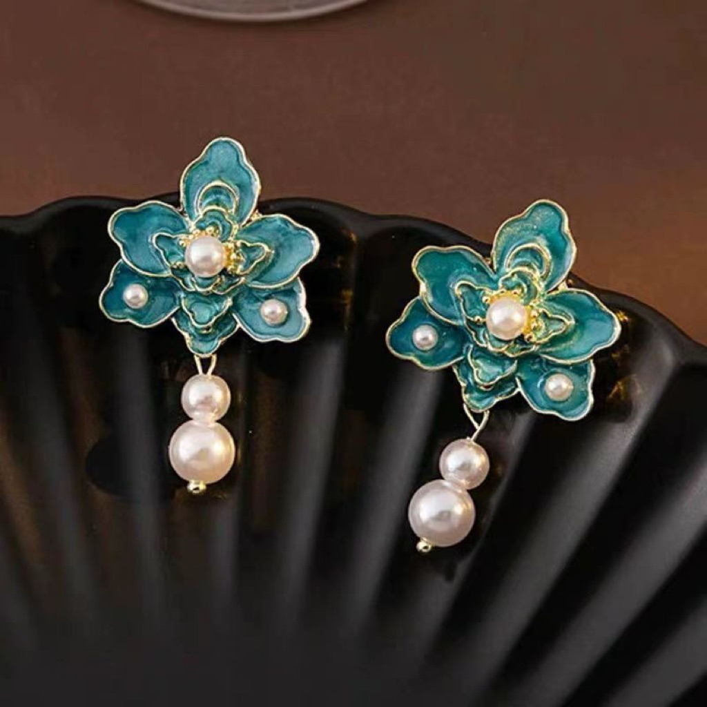 Anting Wanita Anting Tusuk Tosca Anting Bunga Pearl Dua Panjang Anting Vintage Pearl Elegant Hijau