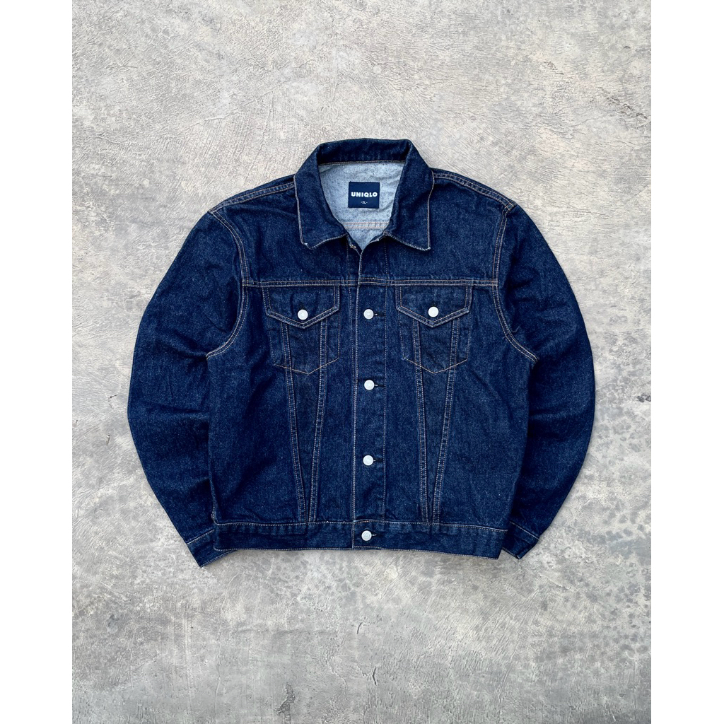Vtg 00’s Uniqlo Trucker Raw Denim Jacket Type III Dark Blue Indigo Jeans button scovile Japan Y2K