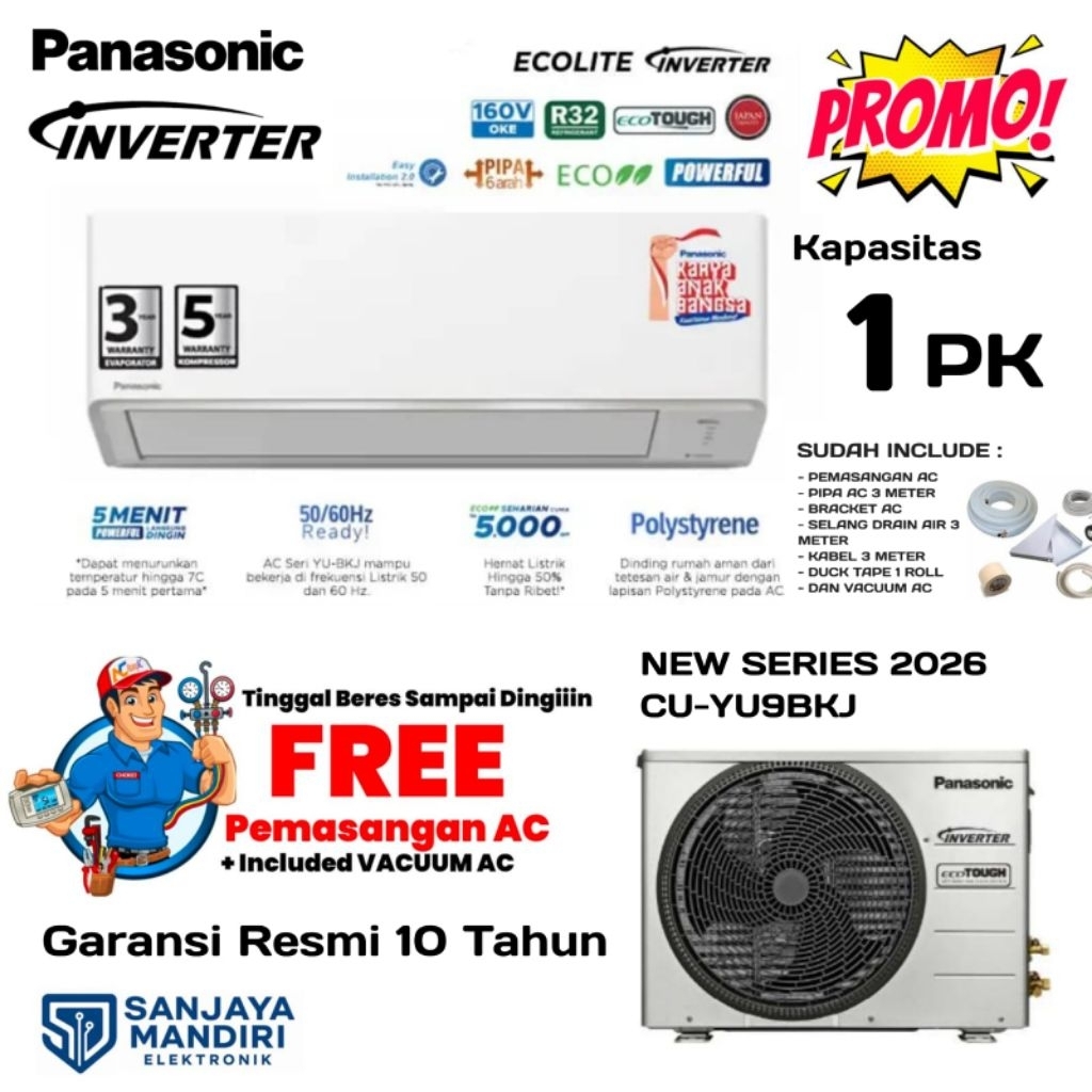 FREE PASANG PANASONIC AC Split 1 PK ECOLITE INVERTER | ECOTOUGH| 5 Menit Langsung Dingin | PowerFull