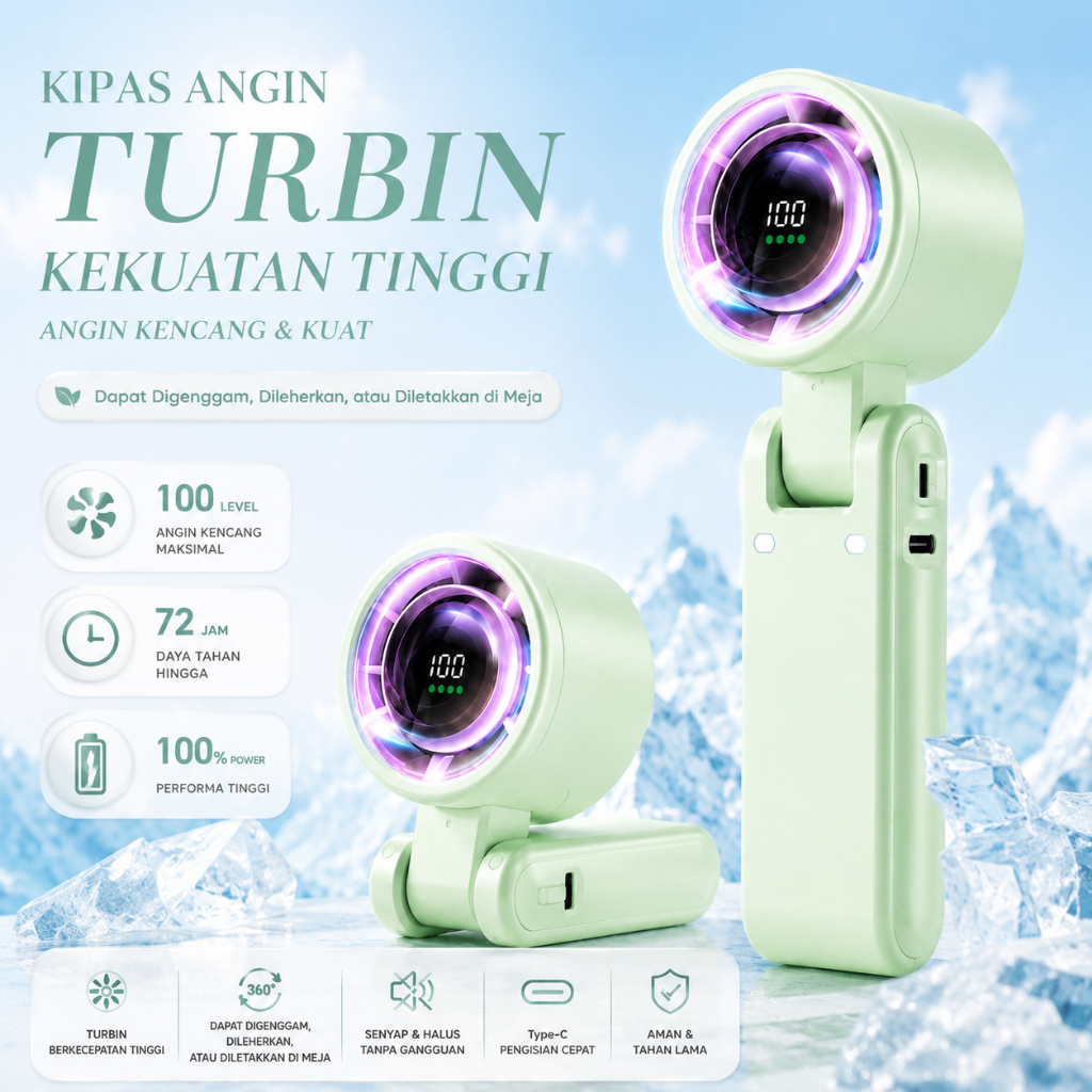 COD 50000mAh Kipas Angin Lipat Kipas High-speed Turbo Digital Display Adjustable Led Angin Mini Port
