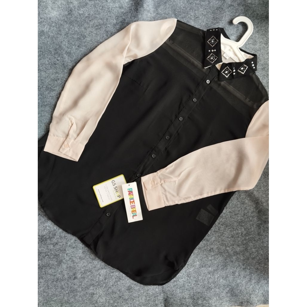 kemeja wanita hitam mix beige patrice breal brand new with tag