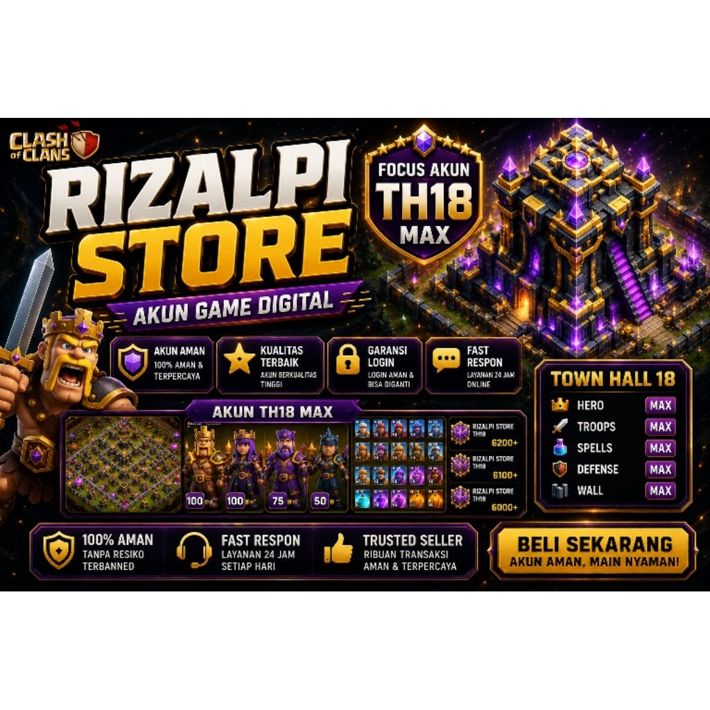 JUAL AKUN GAME COC TH 18 SEMI MAX TERMURAH CLASH OF CLANS SUPERCELL ID