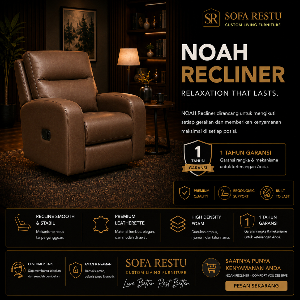 Sofa Restu NOAH Manual Recliner Chair Premium Leatherette Coklat Kursi Santai Recliner