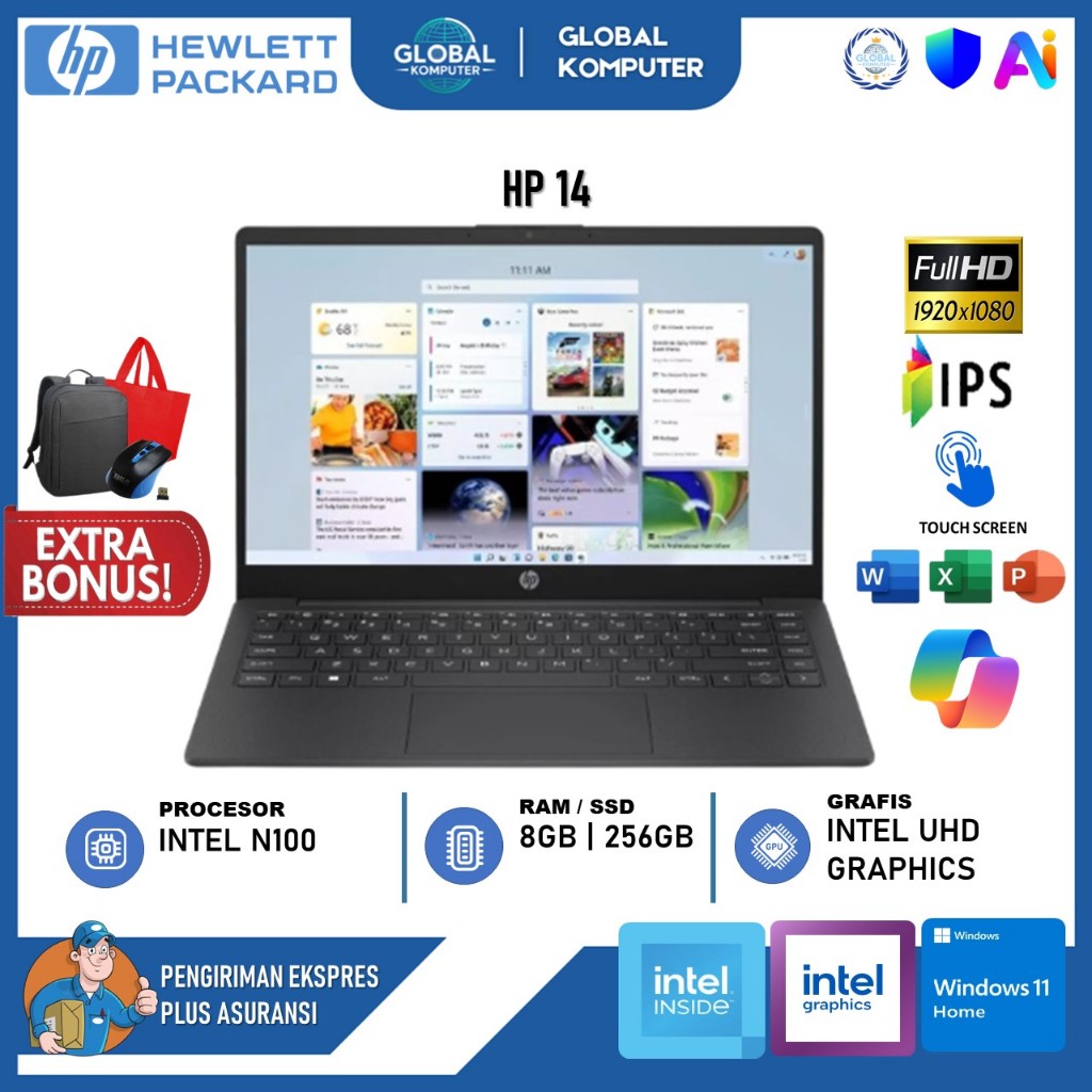 Laptop Baru HP 14 Intel Core N100 Ram 8GB 256GB 14" Inch HD Windows 11 Home