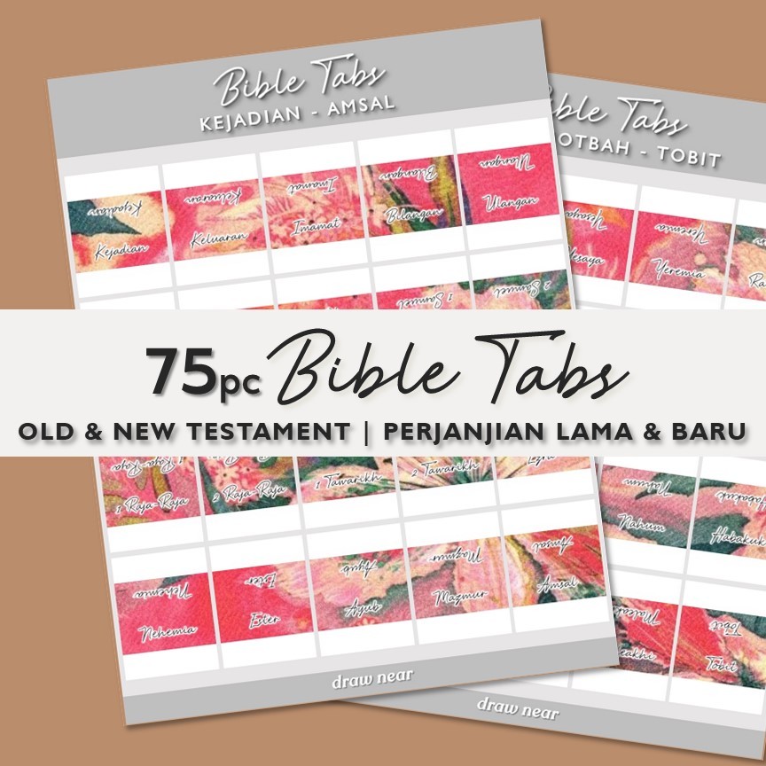 75pcs Stiker index Alkitab- pink and green tropical floral fabric- Bible Tabs stiker belajar Alkitab
