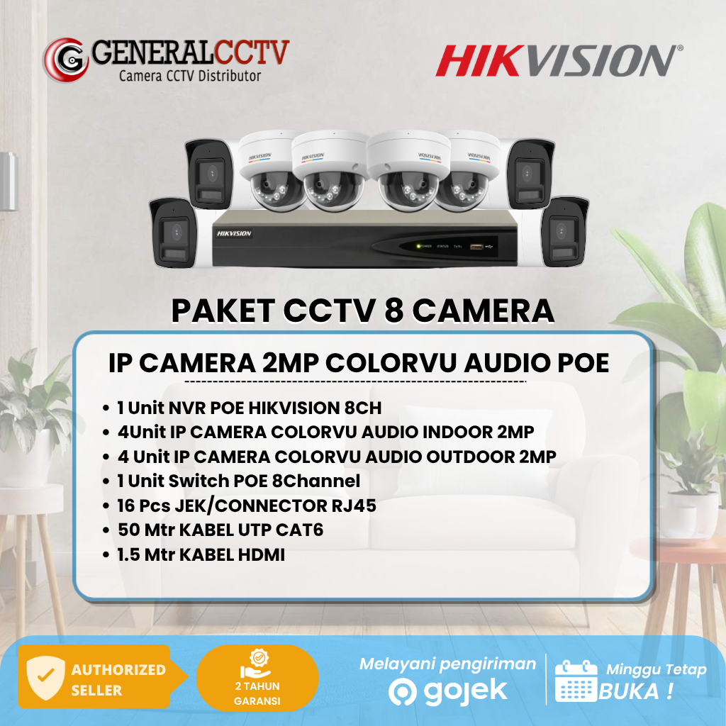 PAKET 8 IP KAMERA HIKVISION 2MP COLORVU AUDIO CAMERA POE