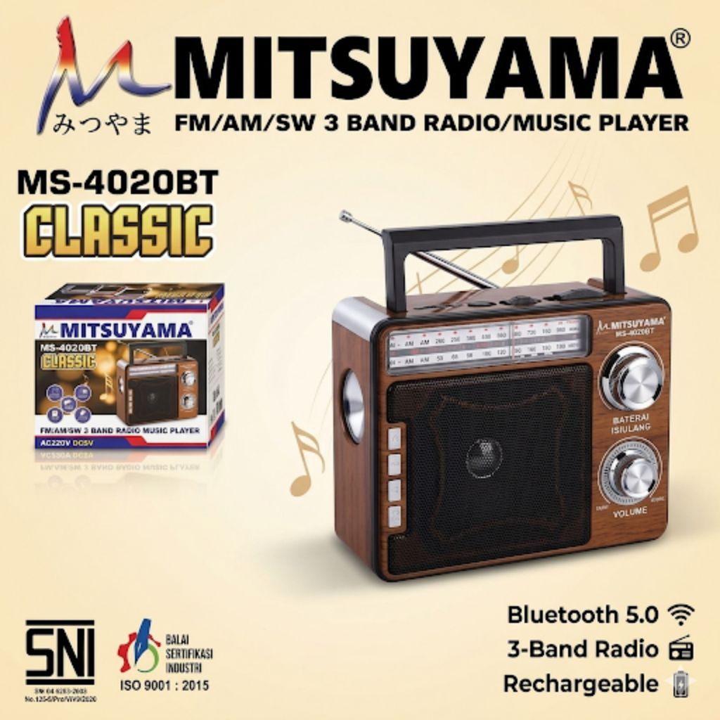 Radio Mitsuyama MS-4020BT Classic Jadul Portable Bluetooth USB SD Card 3 Band FM AM SW Plus Senter B