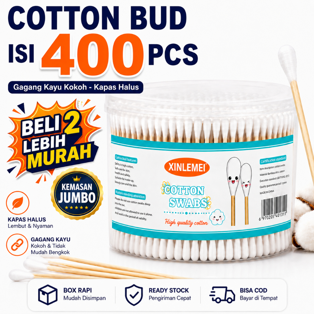Cotton Bud Kayu 400 Pcs Korek Kuping Cotton Buds Cutton Bud Kapas Telinga Gagang Bambu Kokoh Tidak M