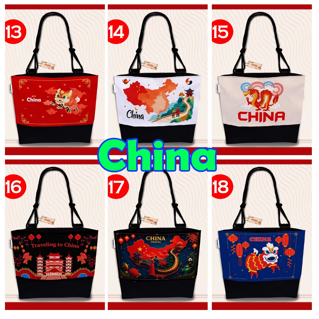 TOTE BAG CHINA,, TAS TALI SUMBU HITAM, OLEH OLEH NEGARA CHINA, SIAP KIRIM , TSH