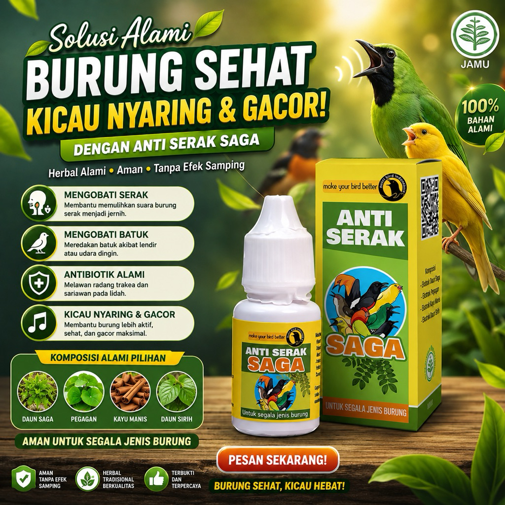 Obat Serak Burung Saga Anti Serak mengobati serak batuk suara mengecil pada burung berkicau