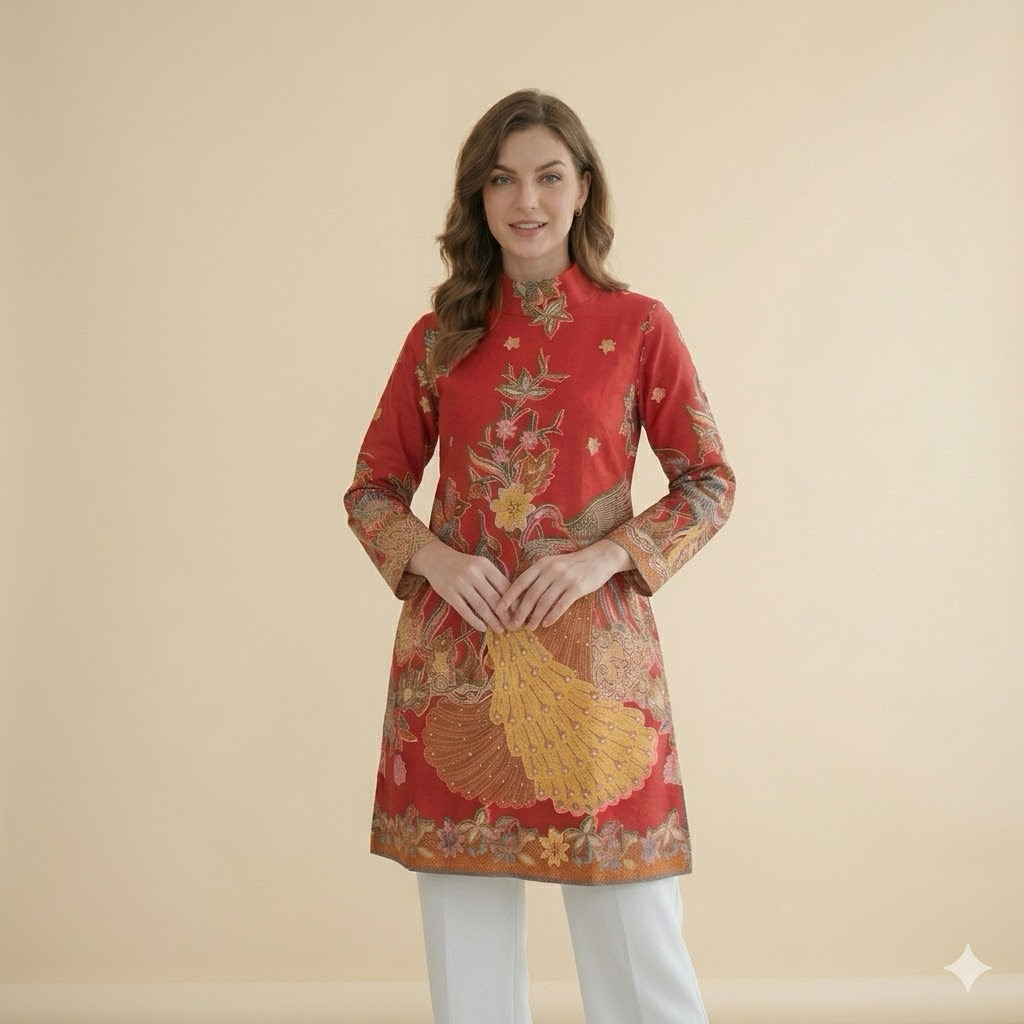 Shanaya Batik Tunik IMLEK Merak Merah Batik Printing Hokokai Batik Kerja Batik Resmi Tunik  Batik Ca