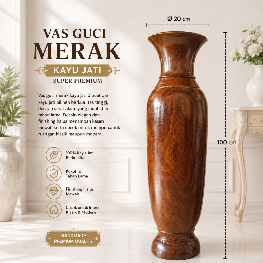 Vas bunga besar kayu jati super premium| vas guci merak kayu jati