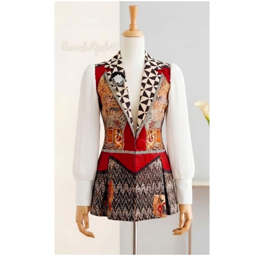Blazer Batik Wayang Warna Merah Putih - Atasan Batik - Atasan Batik Wanita