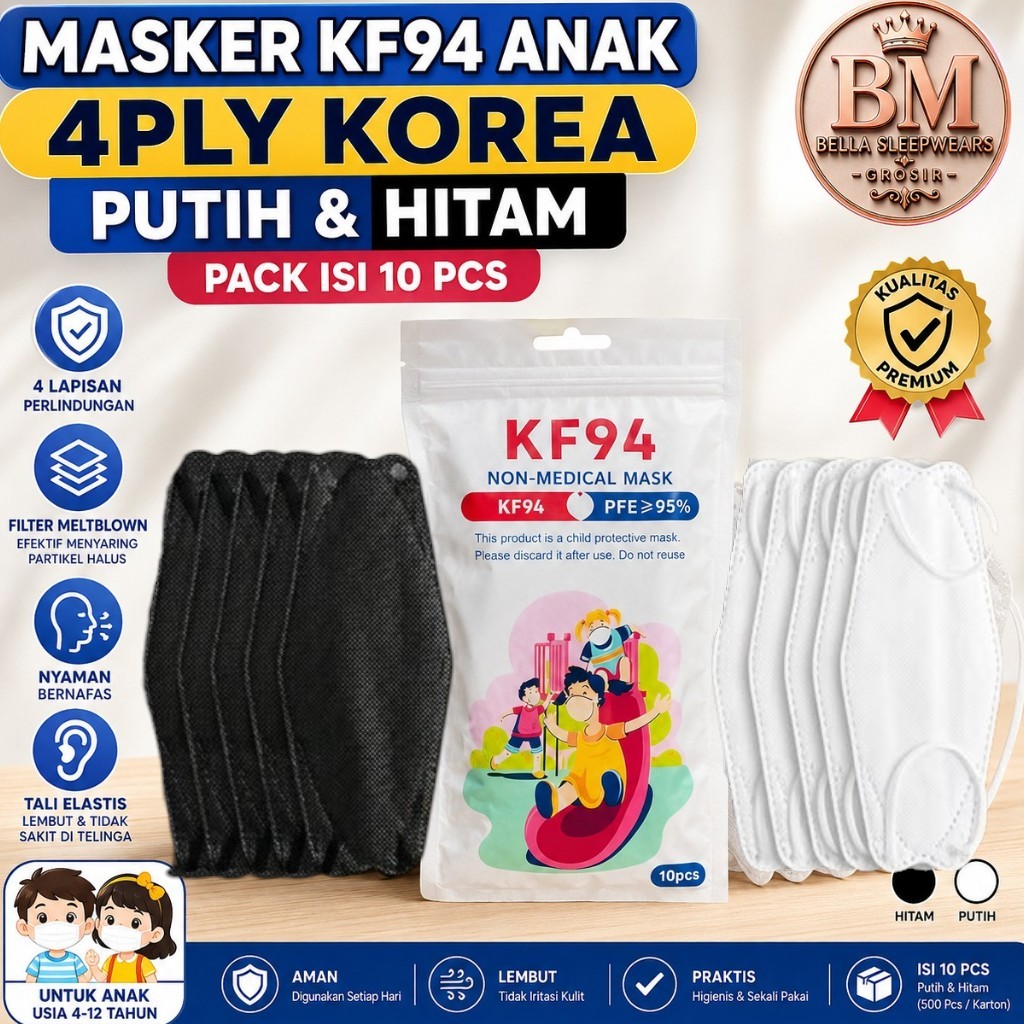 BELLA | MASKER KF94 ANAK KIDS ITC KOREA FILTCARE ANAK POLOS PUTIH HITAM ISI 10 PCS - MASKER KF94 ANA