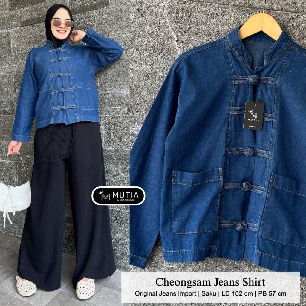 CHEONGSUM JEANS SHIRT By MUTIA • PLUM JEANS BLOUSE By MUTIA ( Tali samping )