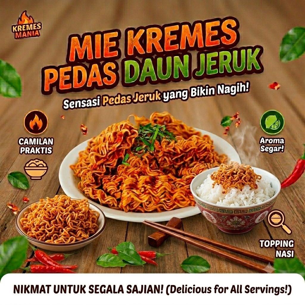 MIE KREMES PEDAS DAUN JERUK 500g - Cemilan Kiloan Kriuk Bumbu Medok Viral Daun Jeruk Asli Gurih Reny