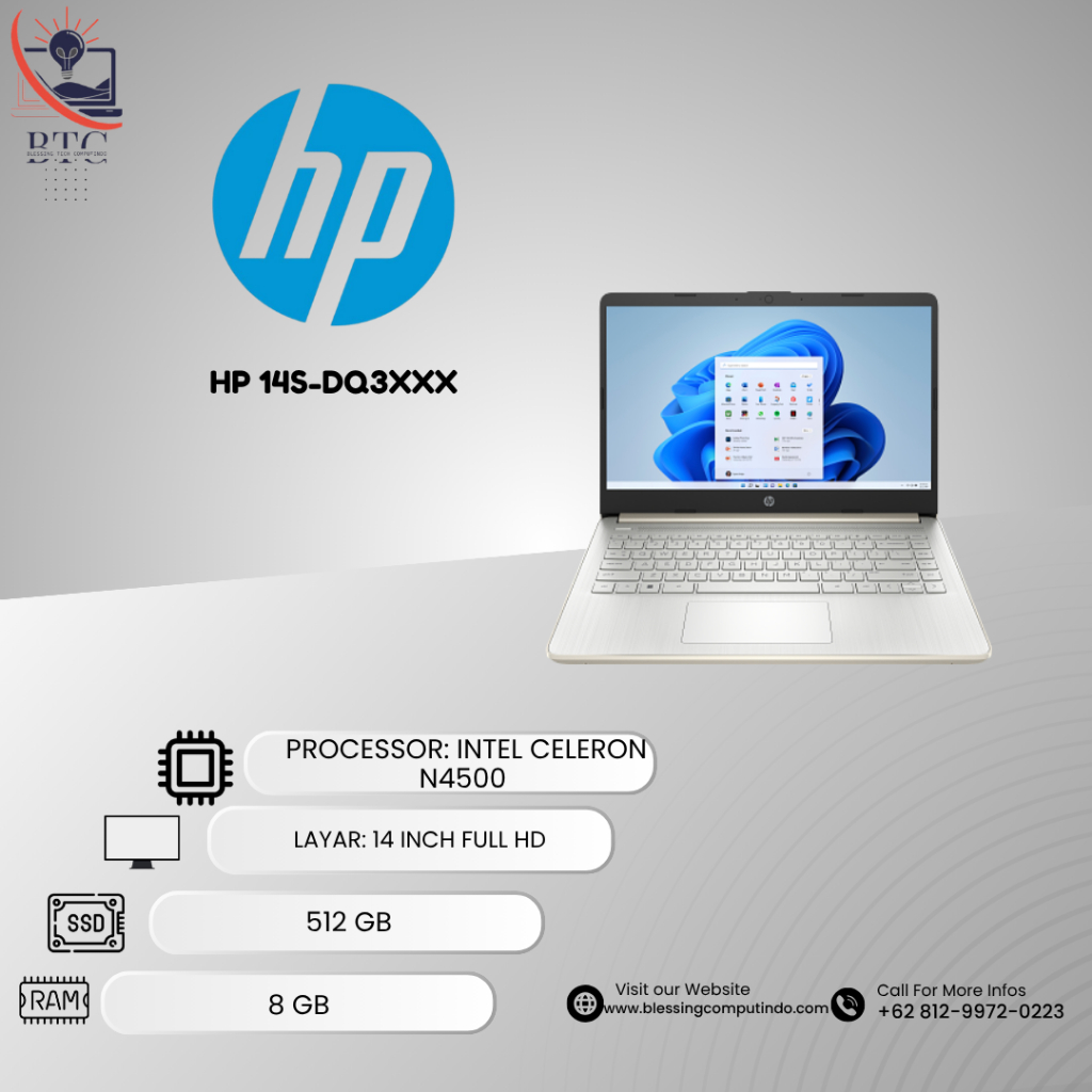HP 14s-dq3xxx Intel Celeron N4500 Laptop Ringkas untuk Kerja, Sekolah & Browsing, RAM 8GB SSD 512GB 