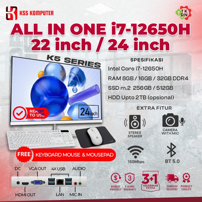 PC AIO Core i7 12650H SSD 256GB RAM 16GB 22 Inch / 24 Inch All In One TKDN Ready Bergaransi