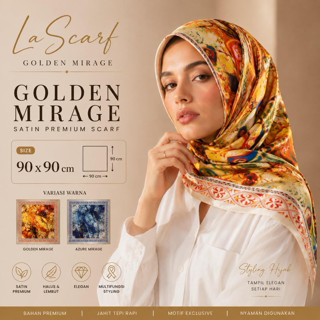 LaScarf Golden Mirage Premium Satin Scarf 90x90 cm – Hijab Satin Motif Abstract Art Luxury