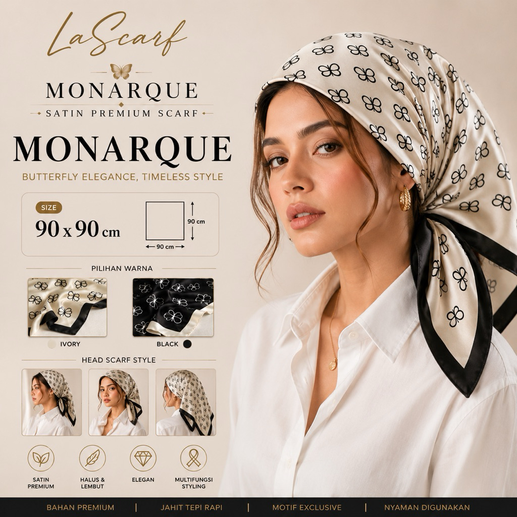 LaScarf Monarque Scarf Satin Premium 90x90 cm | Square Scarf Motif Butterfly Monochrome | Hijab Sati