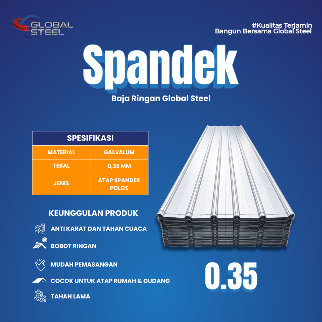 Global Steel – Atap Spandek Polos 0.35mm | Spandek Galvalum Anti Karat untuk Atap Rumah & Kanopi