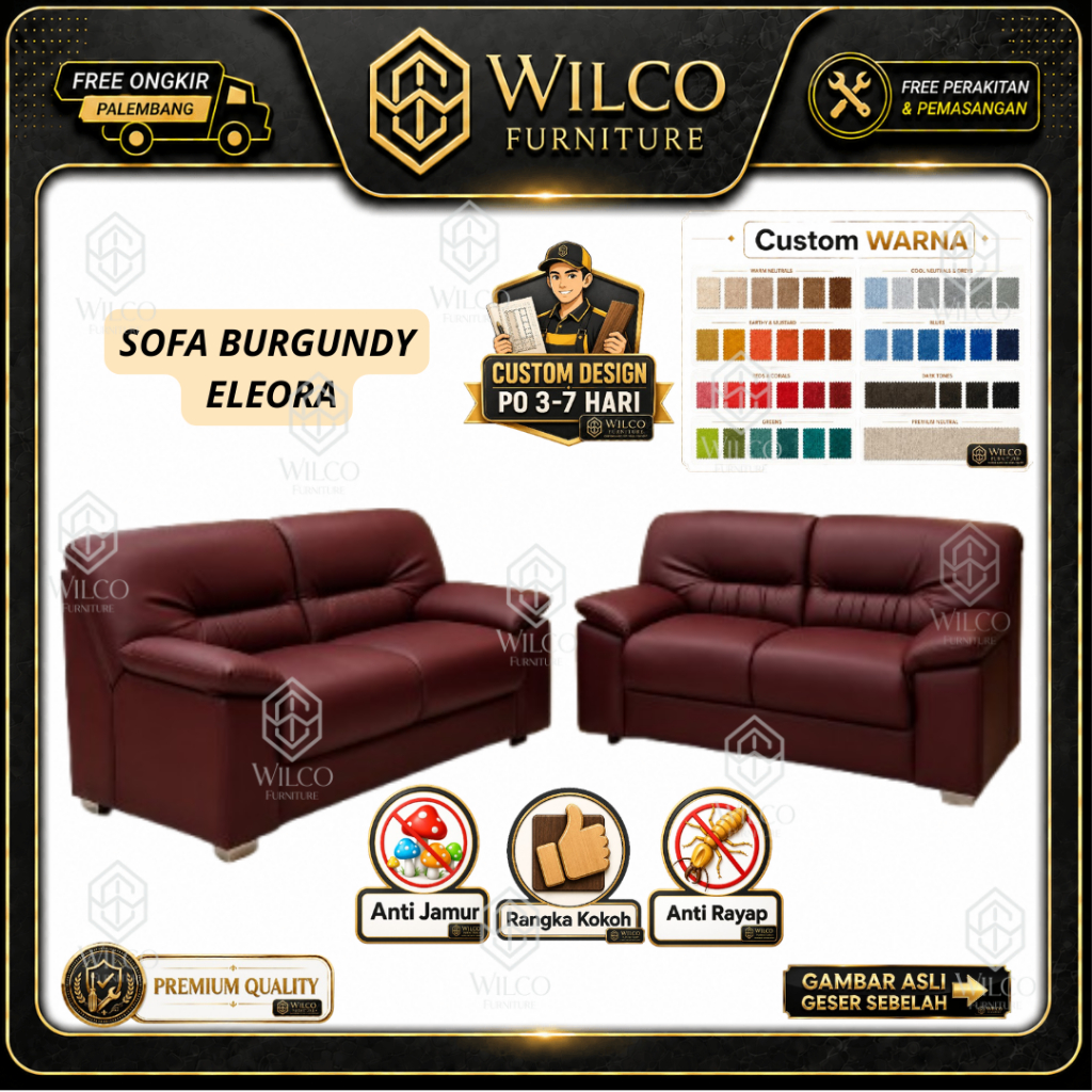 Sofa Burgundy Eleora | Sofa Tamu 2&2 Seater Bahan Kulit