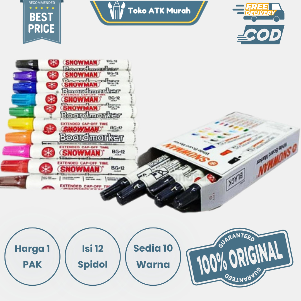 1 Box Spidol White Board Marker Snowman BG-12 Isi 12 Buah - Spidol Papan Tulis
