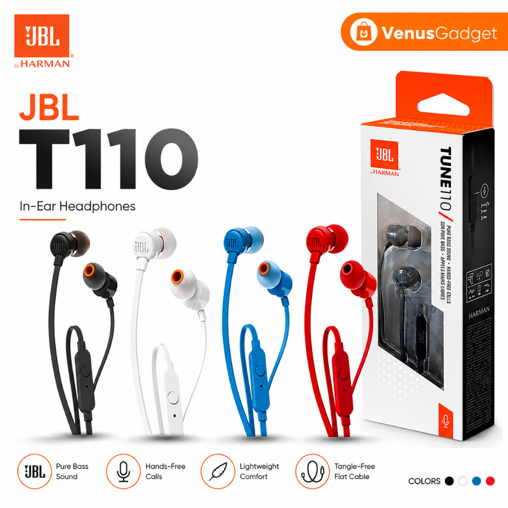 JBL T110 Original Pure Bass Earphone Kabel Mic HD Suara Nendang 3.5mm