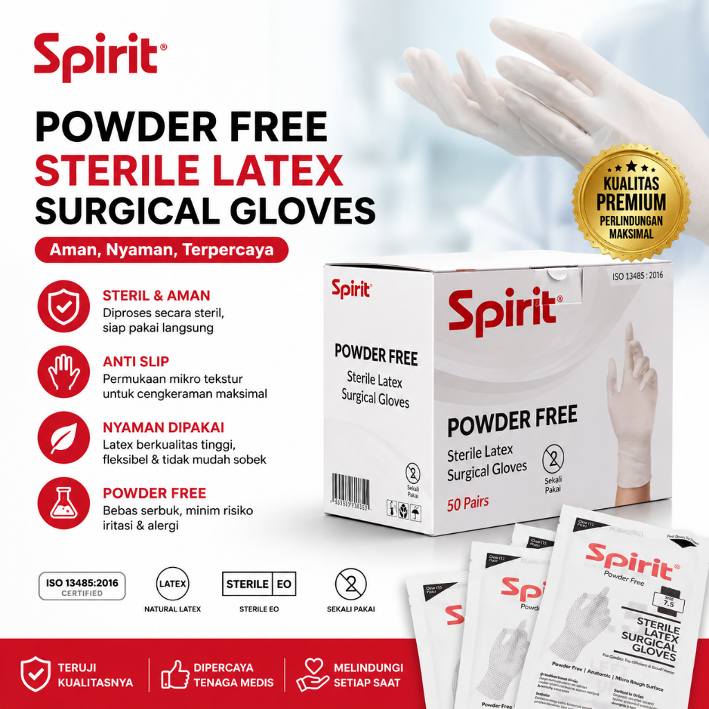 SPIRIT Sarung Tangan Steril Latex Powder Free 1 Box Isi 50 Pcs Surgical Glove Handscoon Sterile Saru