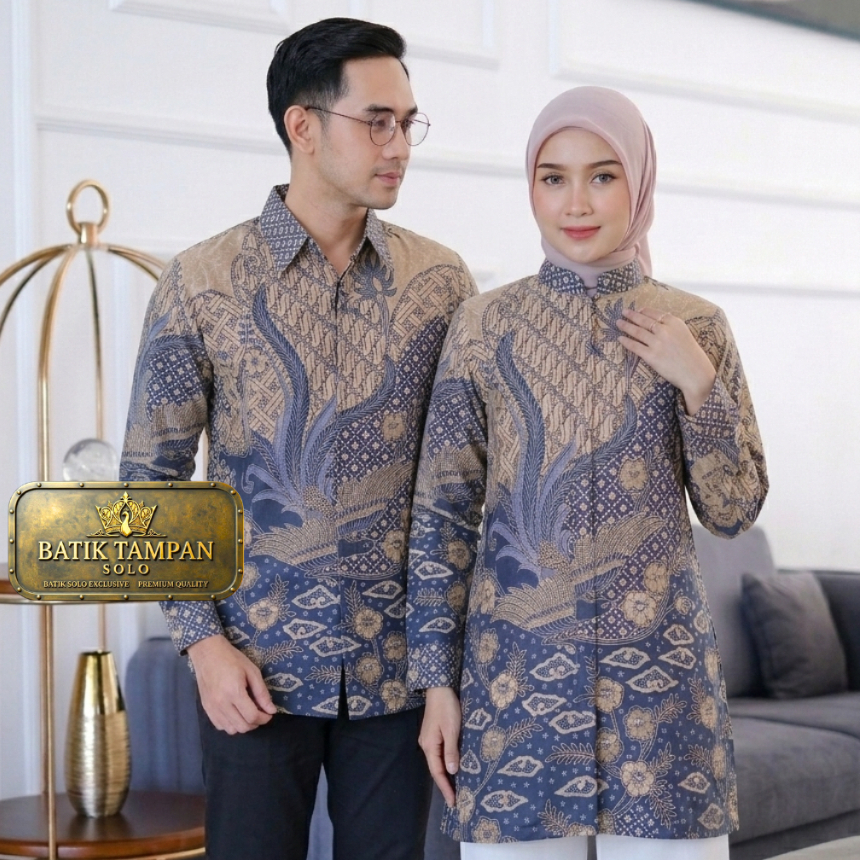 Batik Couple Lengan Panjang Pasangan Kemeja Tunik Merak Mega Mendung Biru Navy Premium Baju Kondanga
