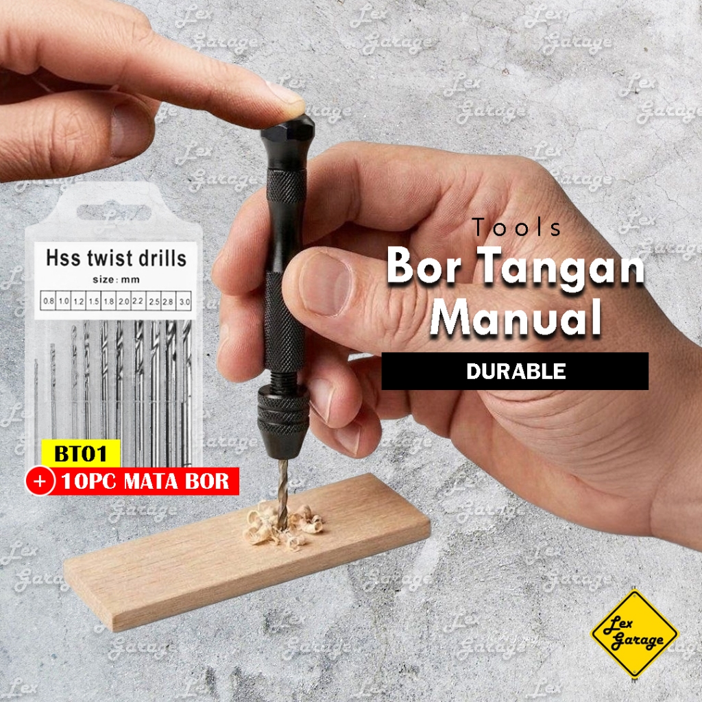 Bor Tangan Manual Mini Hand Drill + 10 Mata Bor Set Kayu Besi HSS