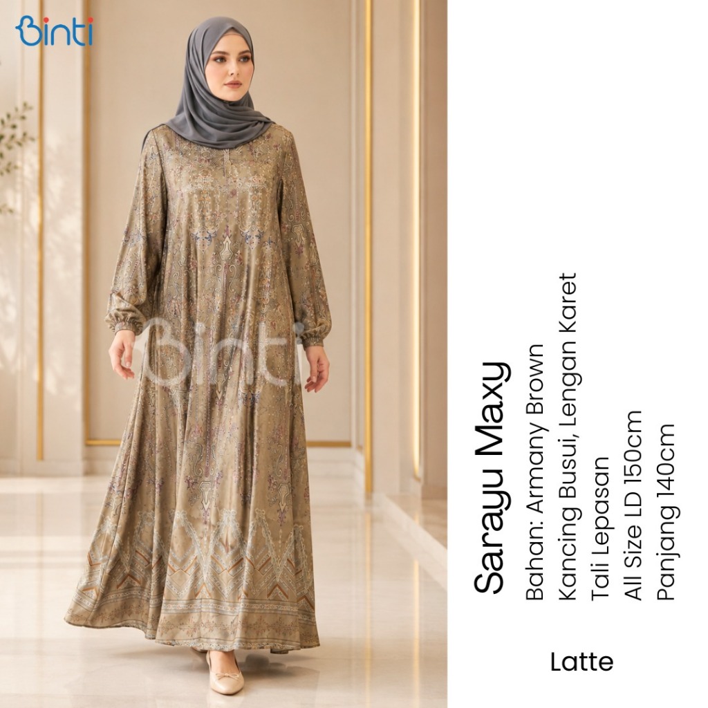 SARAYU DRESS JUMBO LD 150 5XL BAHAN ARMANNI BROWN By BINTI ENTER GAMIS BIGSIZE MEWAH ELEGAN LEBARAN