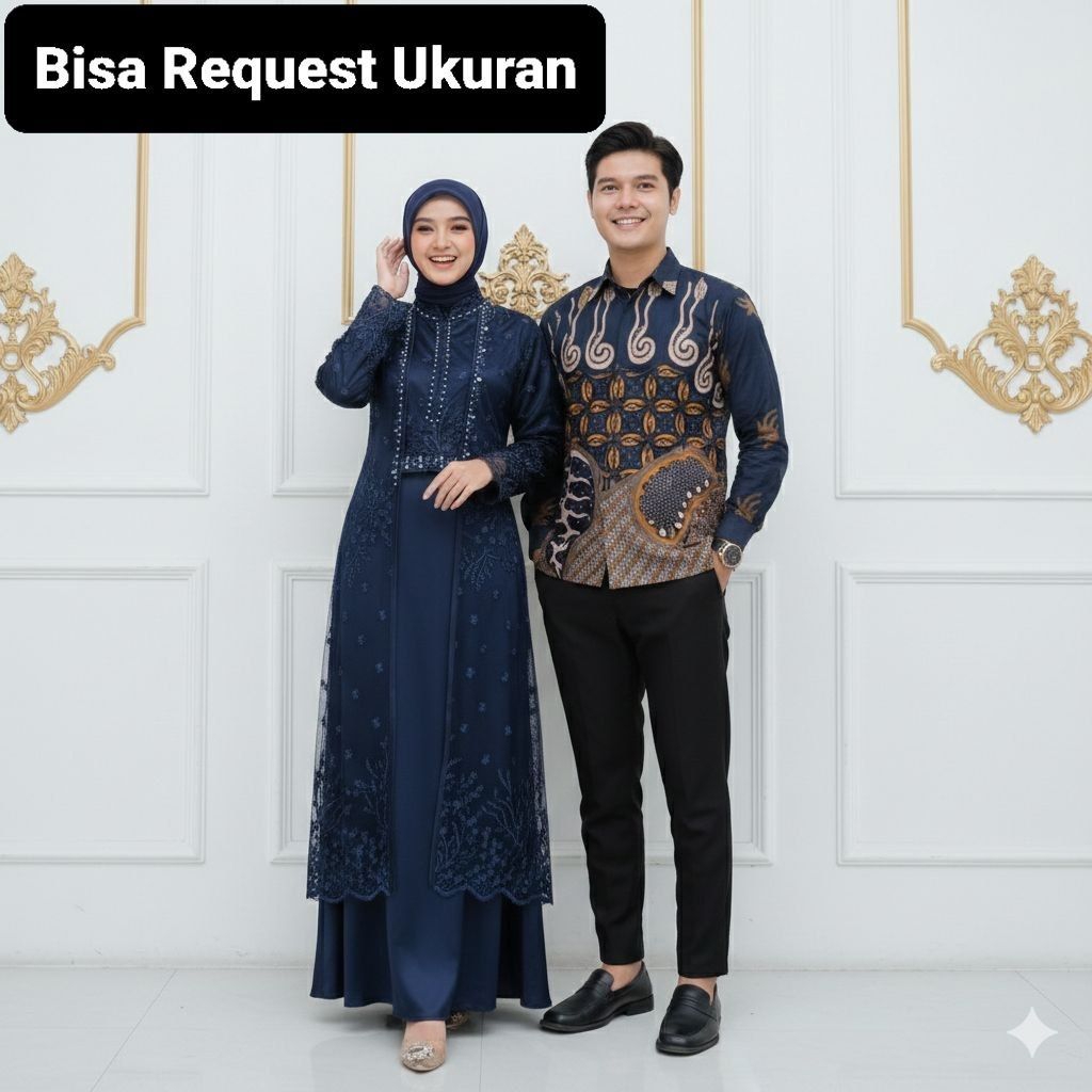 SET ANISA DRESS NAVY ORI COUPLE KEMEJA PREMIUM / CUSTOM ANAK & JUMBO / BAJU SERAGAM BATIK PASANGAN S
