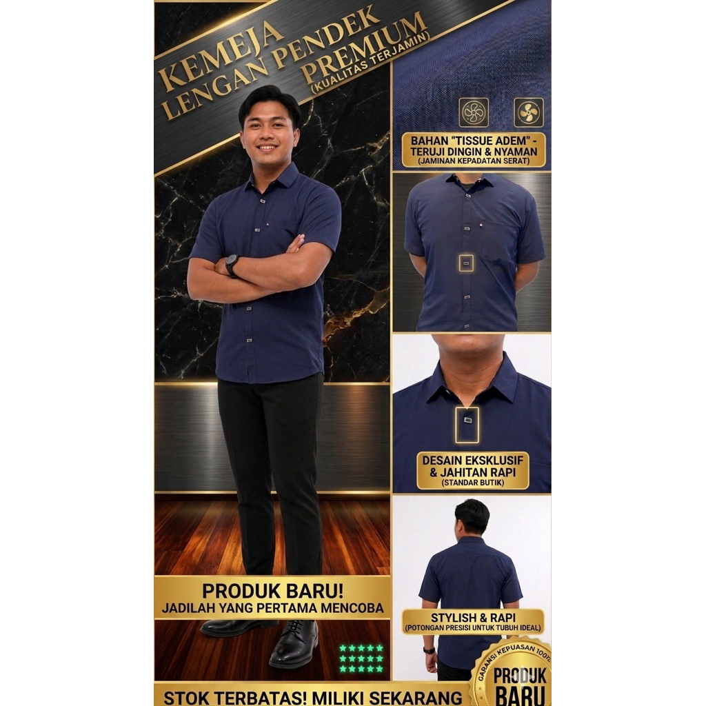 Baju Kemeja Pria Pendek Polos Kancing Jepret/Besi