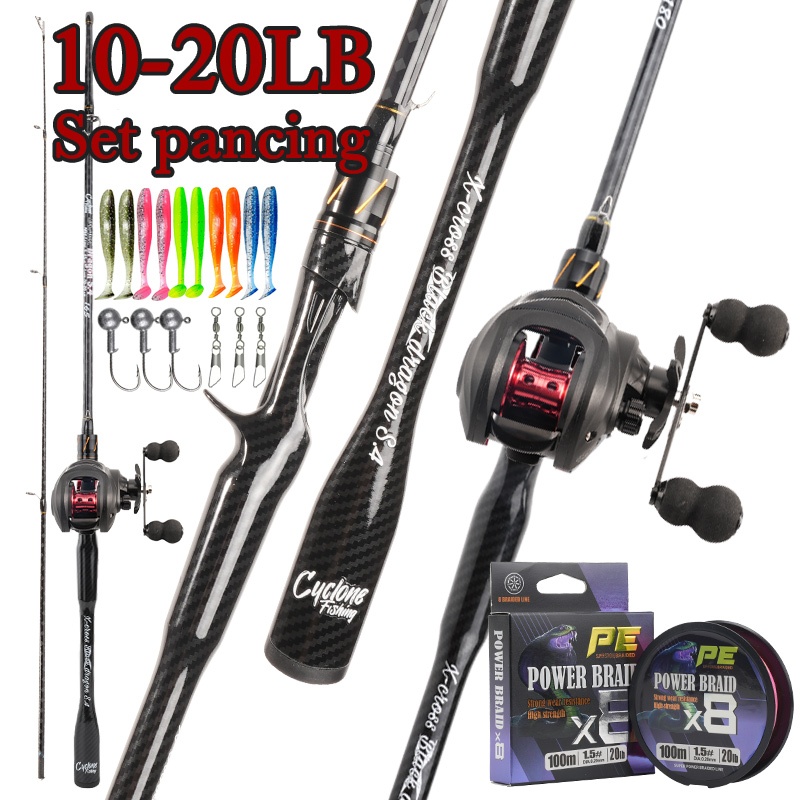 Set Pancing Baitcasting Lengkap Cyclone 1.65m 1.8m 2.1m - Joran Carbon 2 Section, Reel BC, Senar X8 
